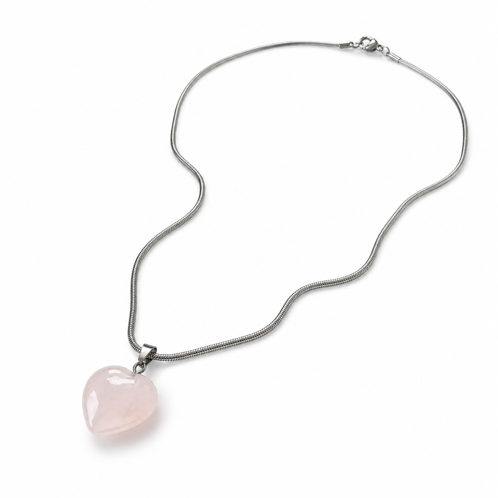 Collar de acero inoxidable con dije de cuarzo rosa