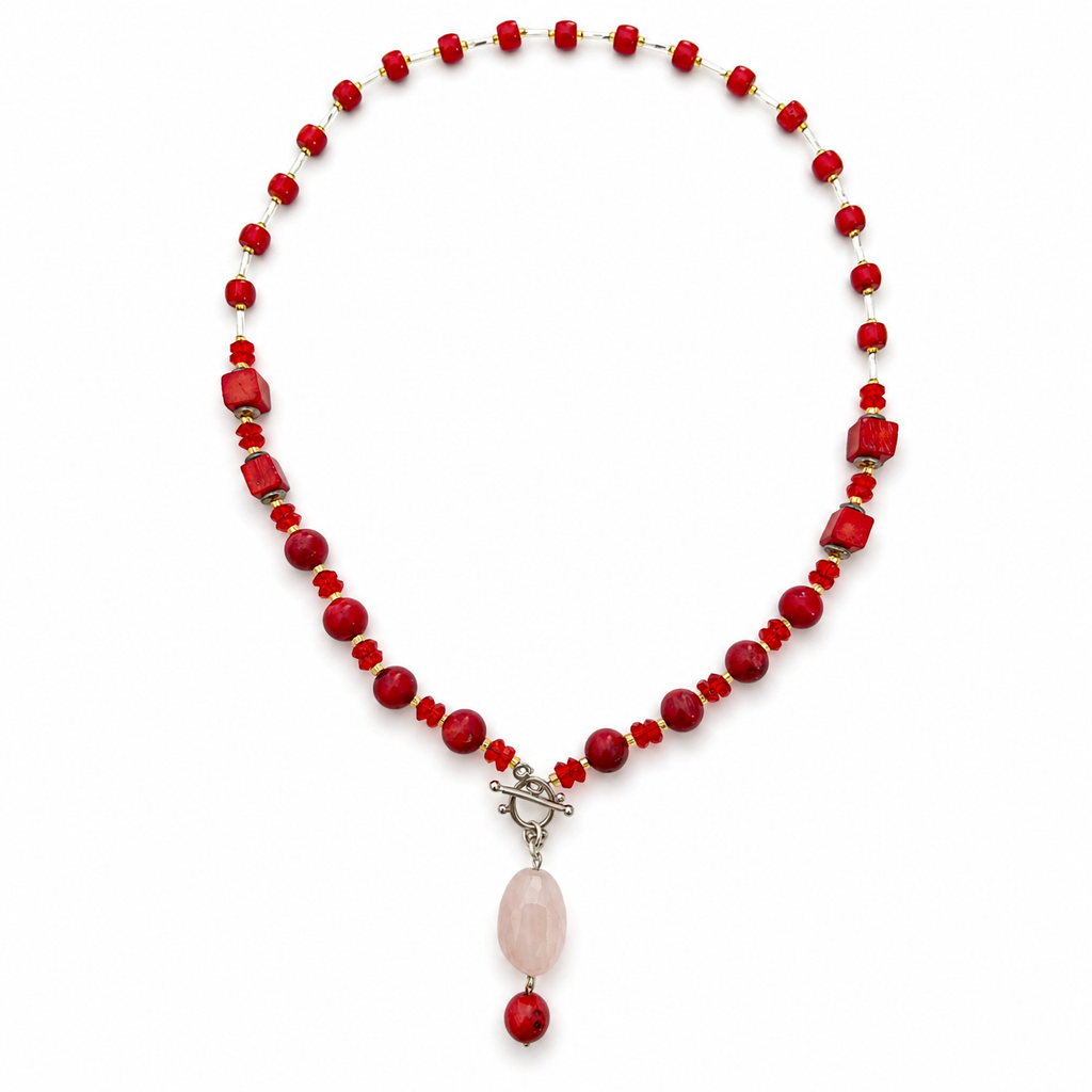 Collar de coral rojo, cristal Victoria, cristal Miyuki y cuarzo rosa