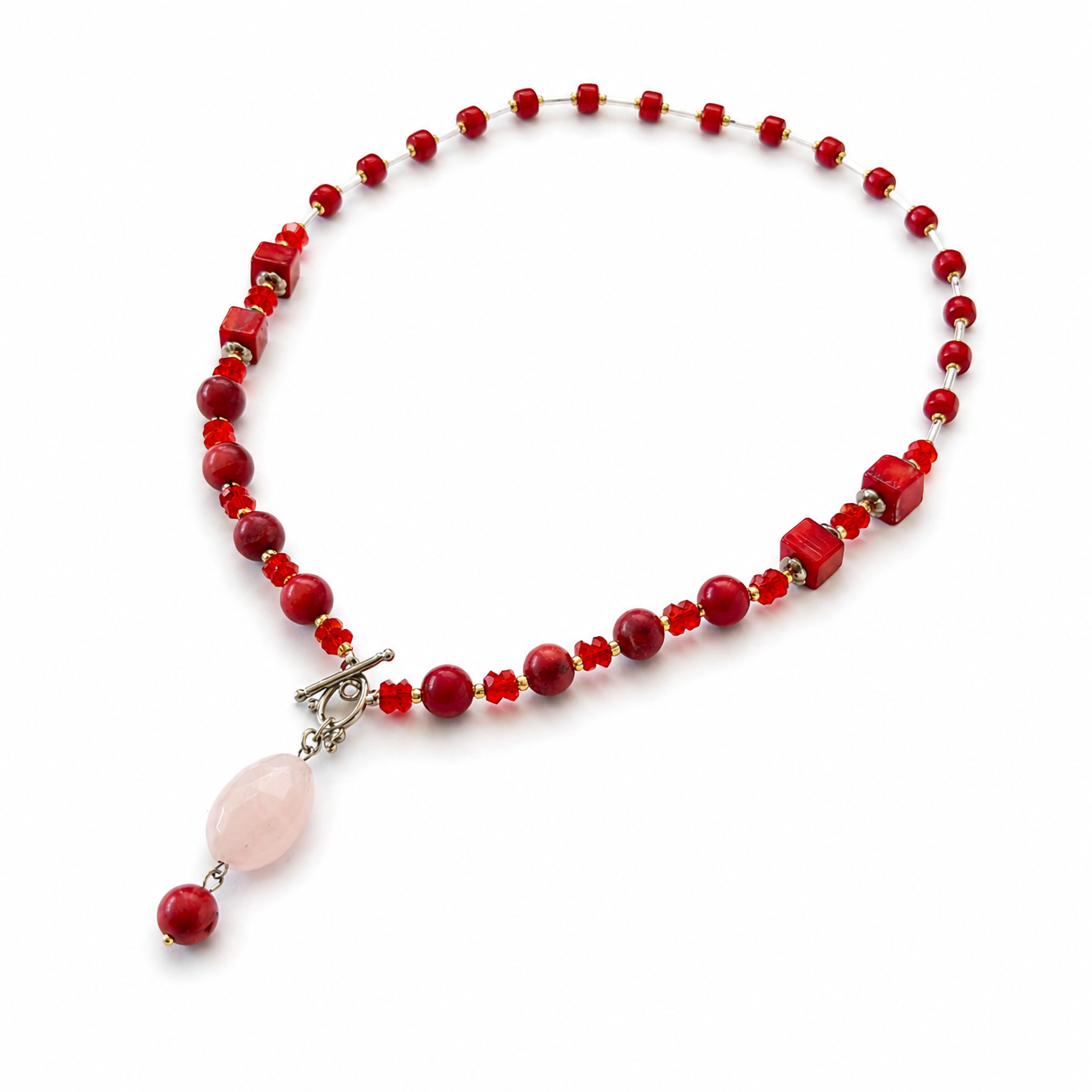 Collar de coral rojo, cristal Victoria, cristal Miyuki y cuarzo rosa
