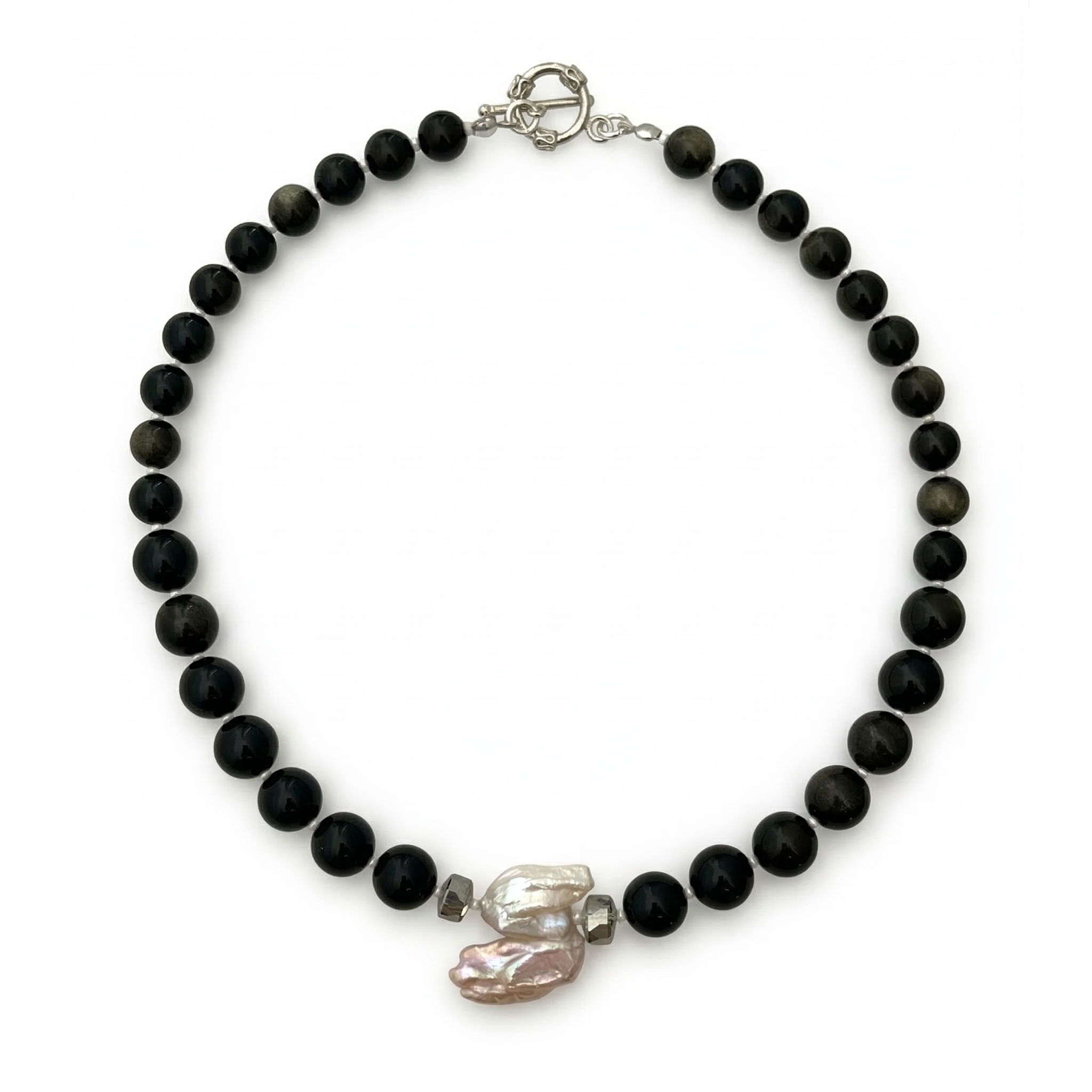 Collar de obsidiana dorada, cristal electrochapado y perla barroca