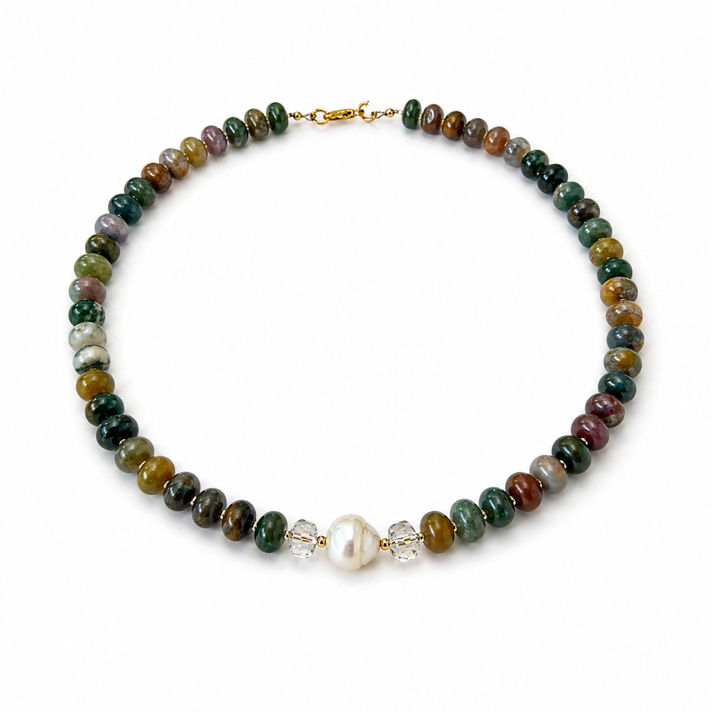 Collar de jasper oceánico, perla cultivada y cristal Miyuki