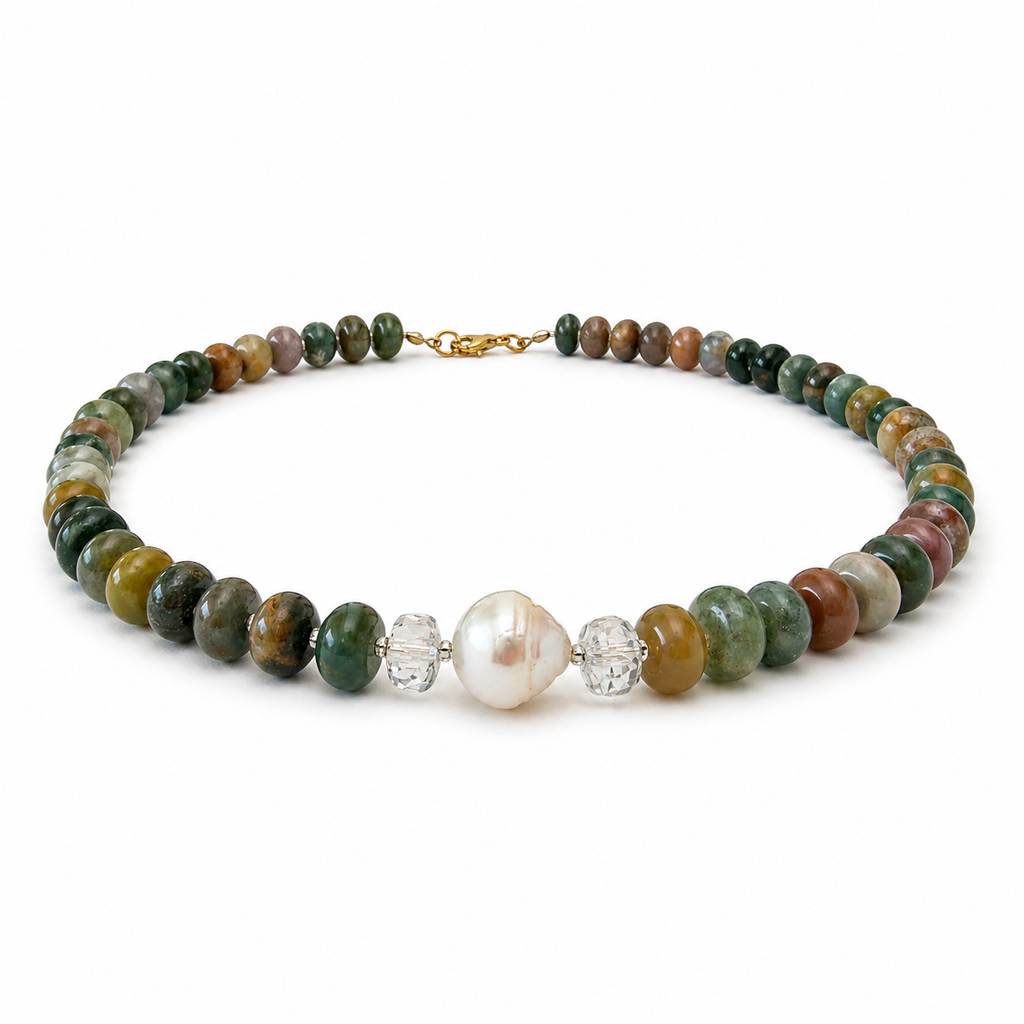 Collar de jasper oceánico, perla cultivada y cristal Miyuki