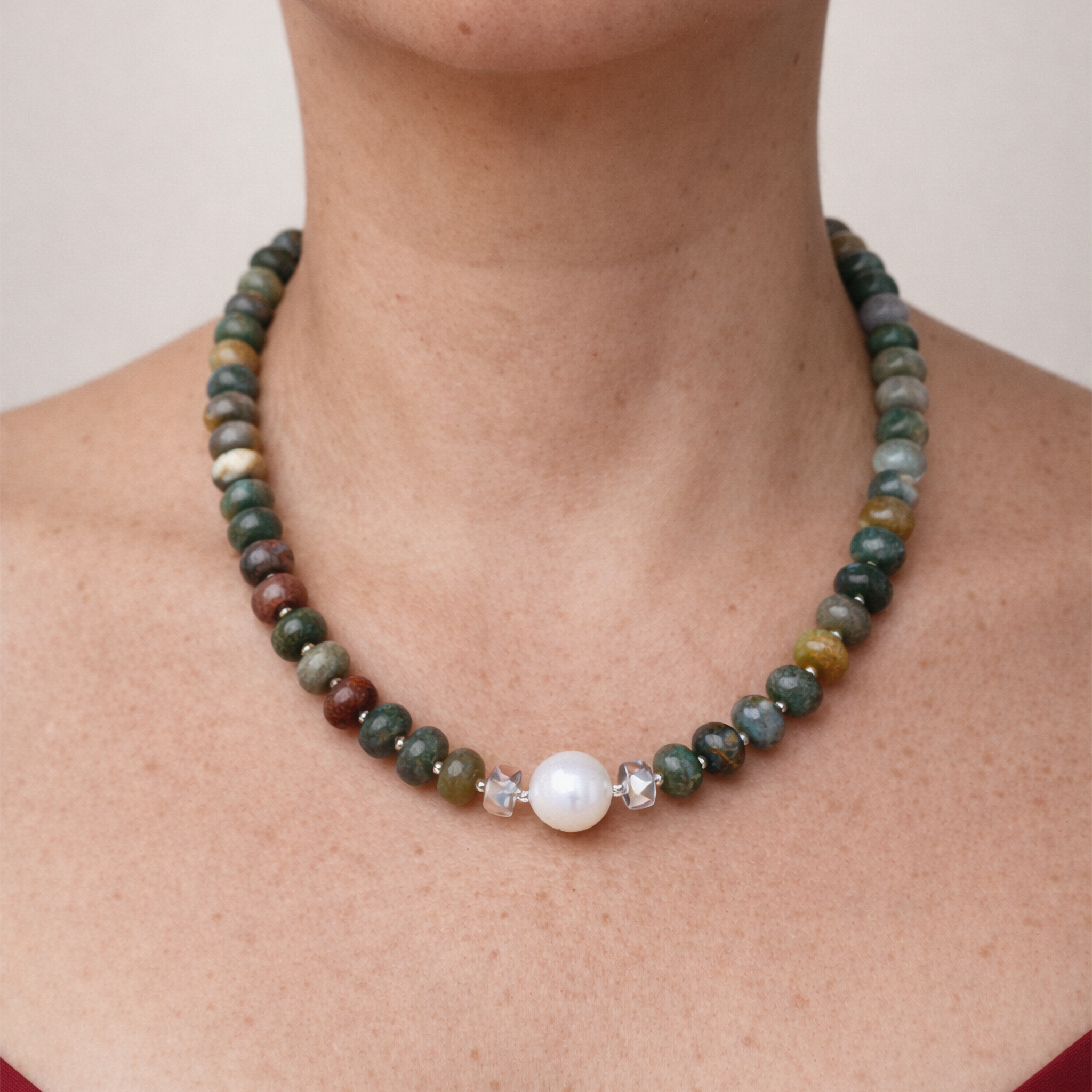 Collar de jasper oceánico, perla cultivada y cristal Miyuki