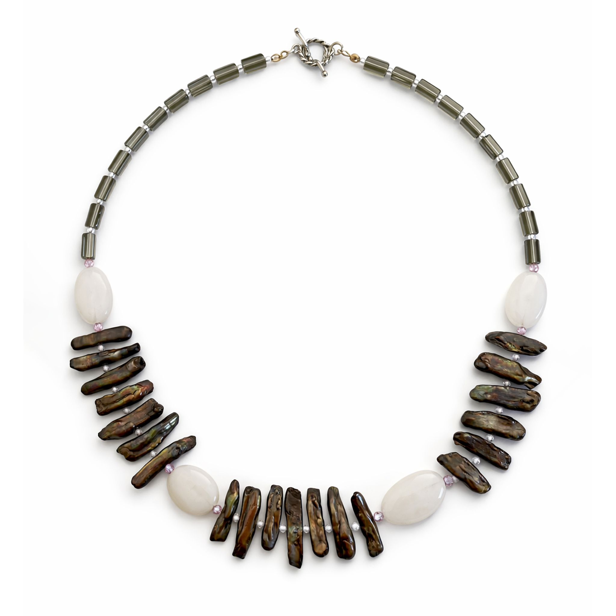 Collar de perla barroca, cuarzo rosa, cristal Victoria y circonias facetadas