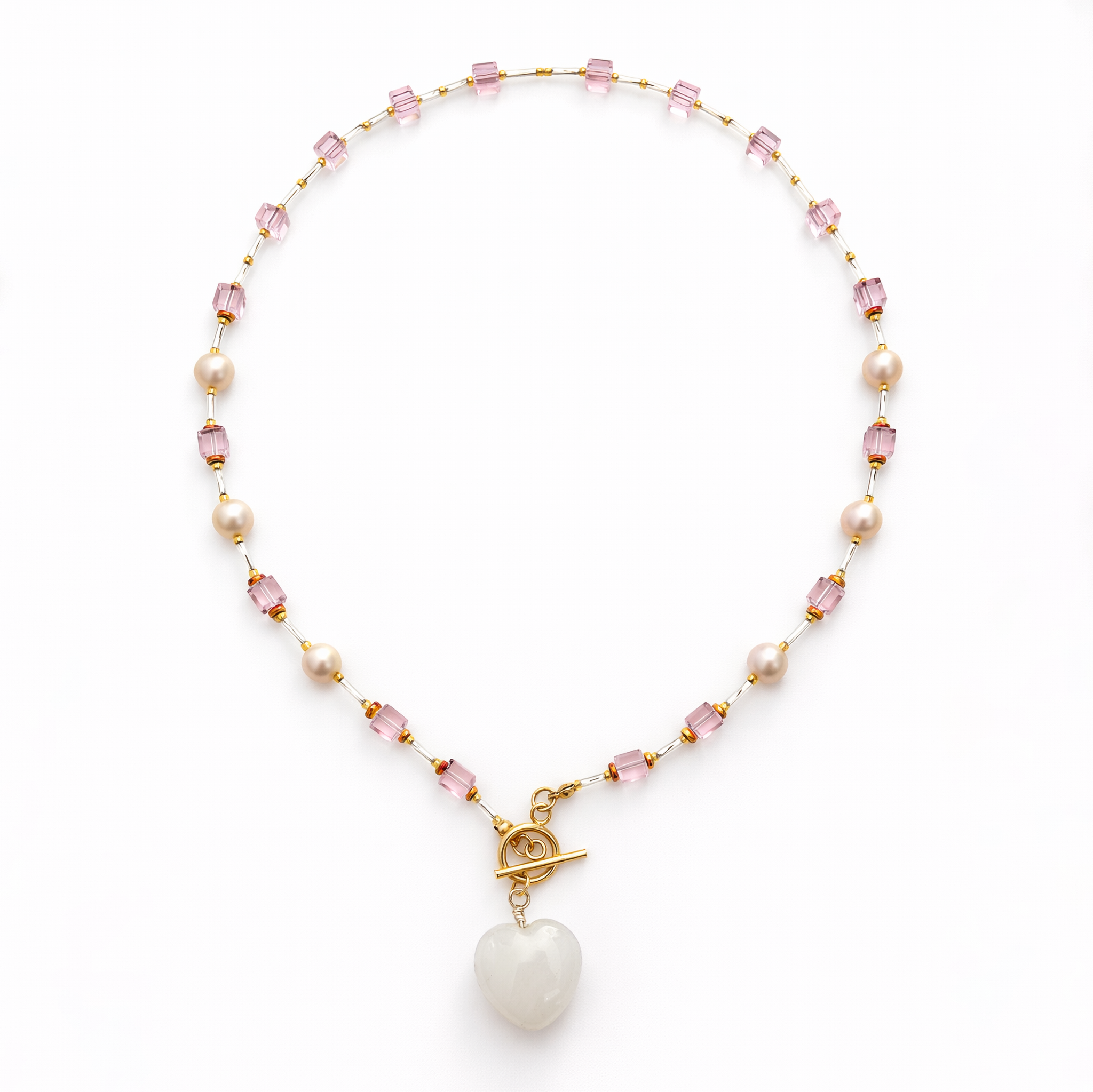 Collar de perla cultivada, cuarzo rosa y cristales Miyuki (57 cm)