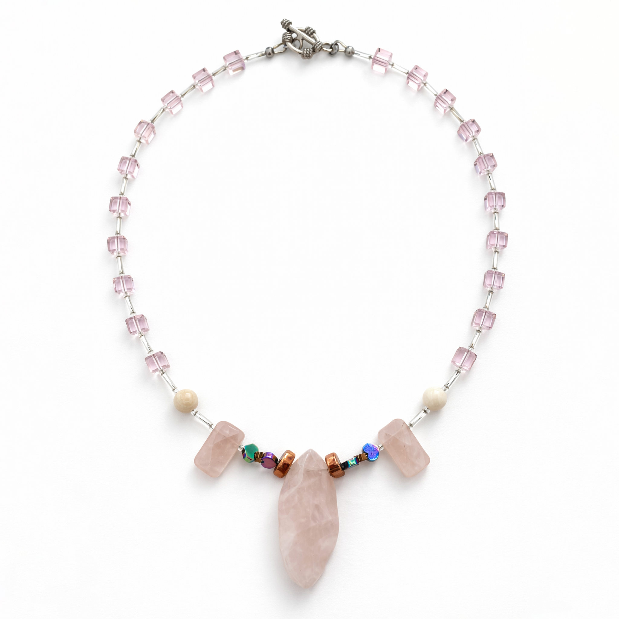 Collar de cristal Victoria, perla concha y cuarzo rosa.