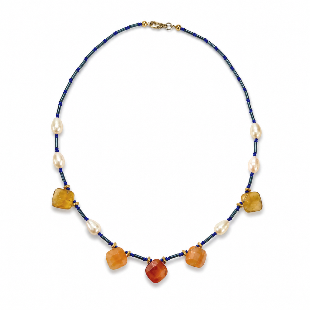 Collar de perla cultivada, ágata cornalina facetada y cristal Miyuki azul