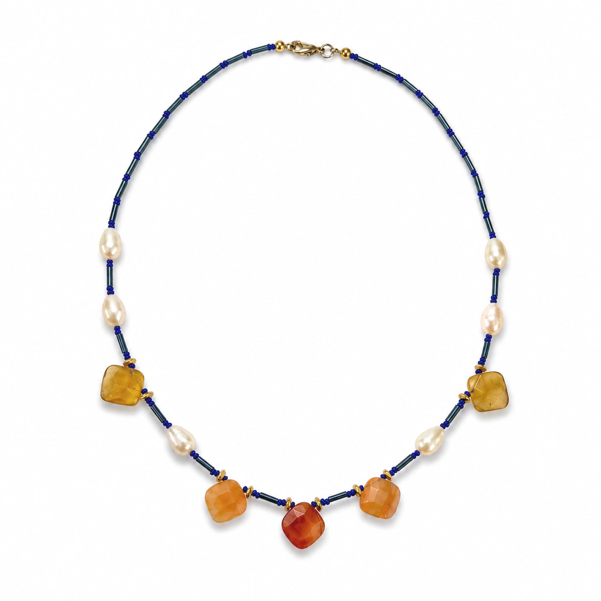 Collar de perla cultivada, ágata cornalina facetada y cristal Miyuki azul