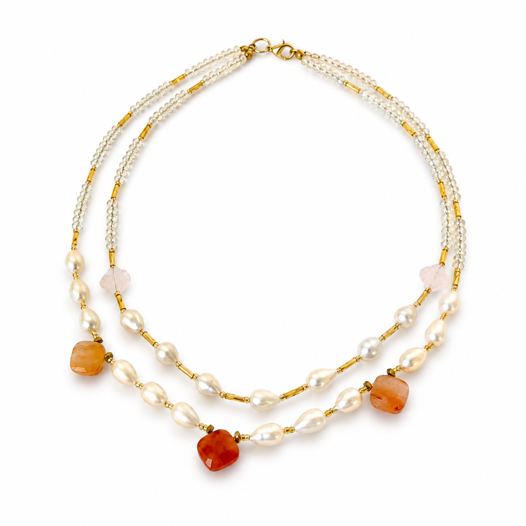 Collar de Perla Cultivada, Ágata Cornalina y Cristal Victoria Transparente