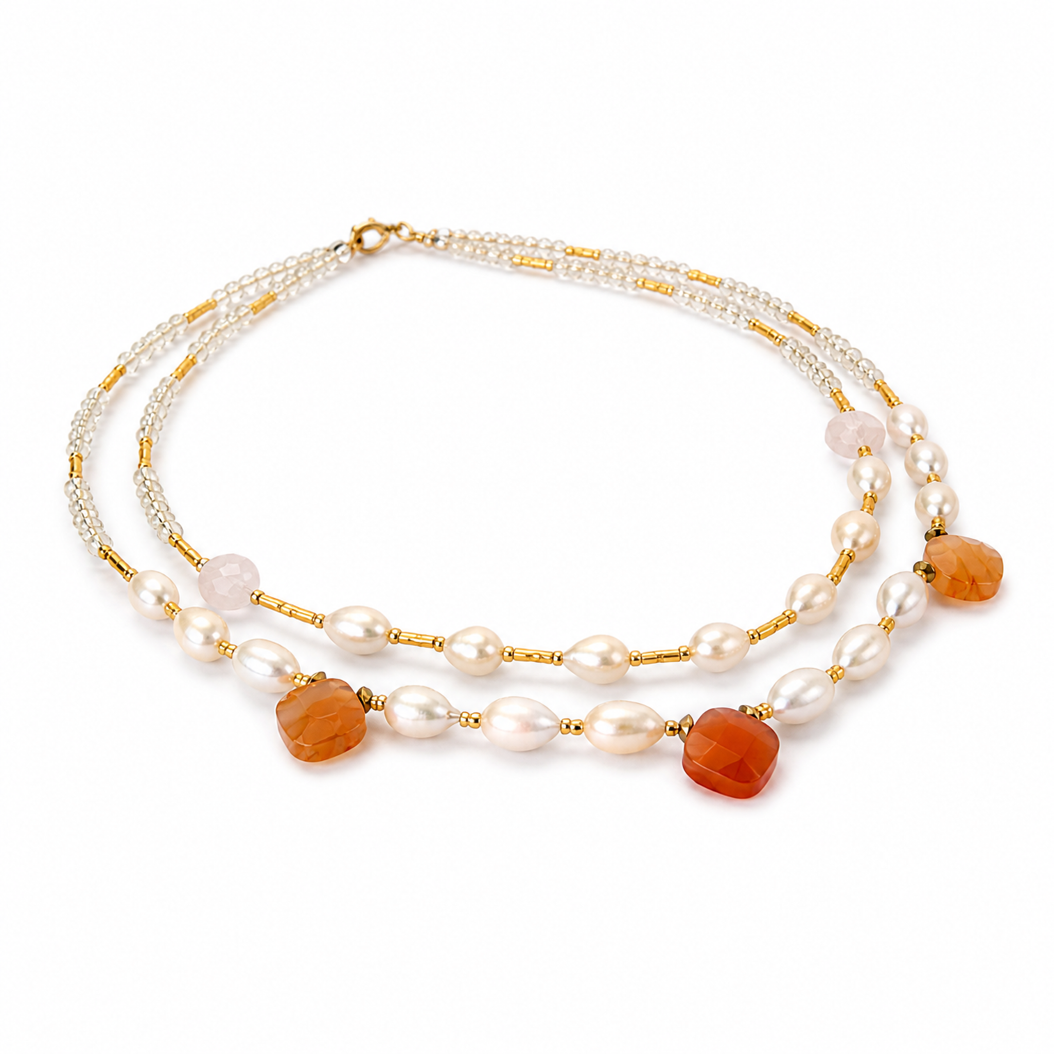 Collar de Perla Cultivada, Ágata Cornalina y Cristal Victoria Transparente