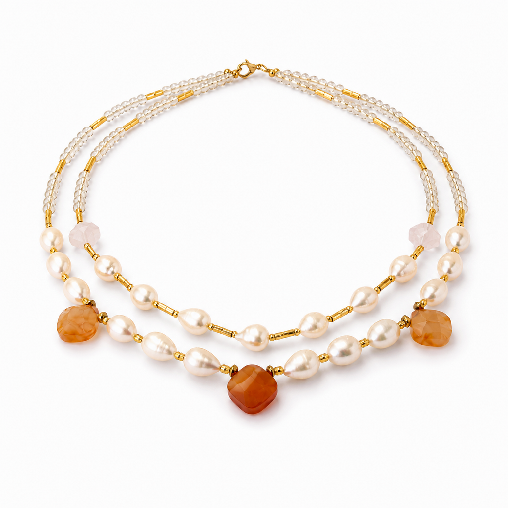 Collar de Perla Cultivada, Ágata Cornalina y Cristal Victoria Transparente