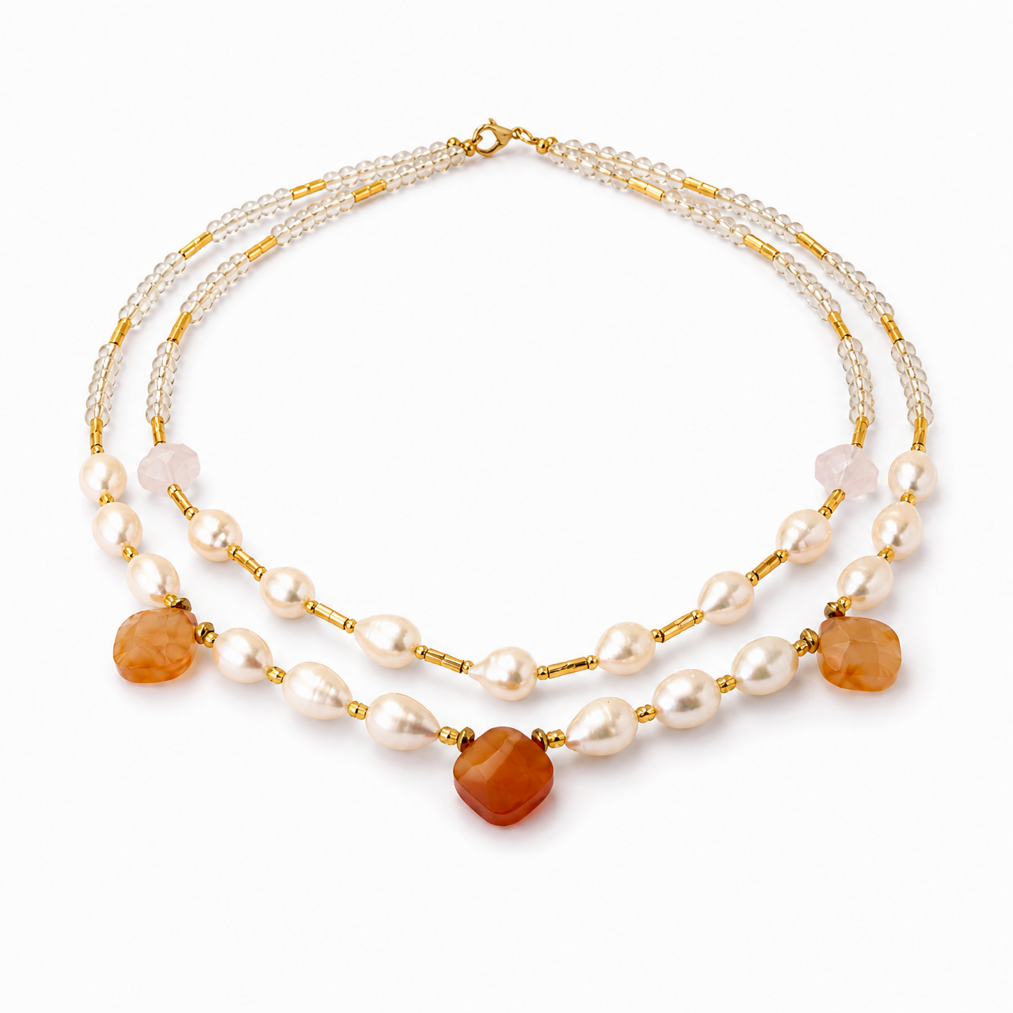 Collar de Perla Cultivada, Ágata Cornalina y Cristal Victoria Transparente