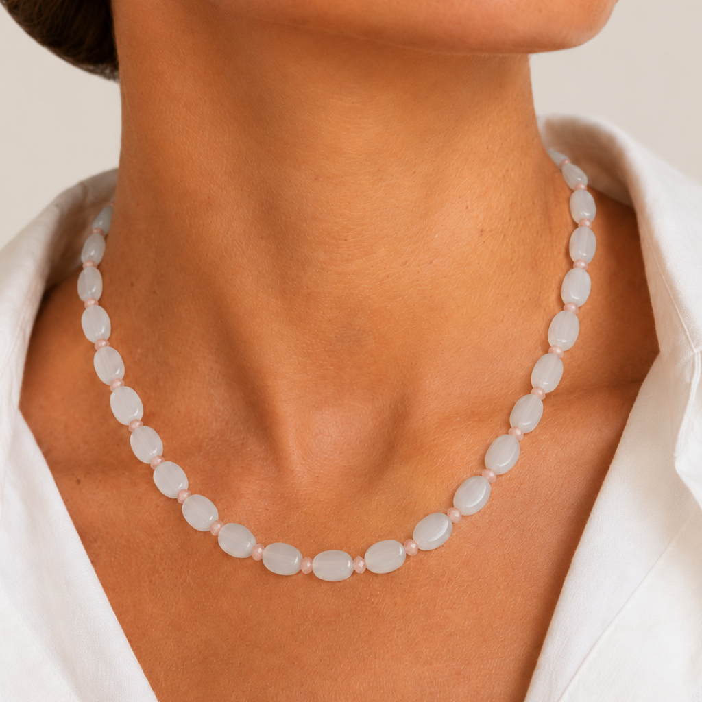 Collar de Cristal de Murano Blanco con Cristal Victoria Palo de Rosa