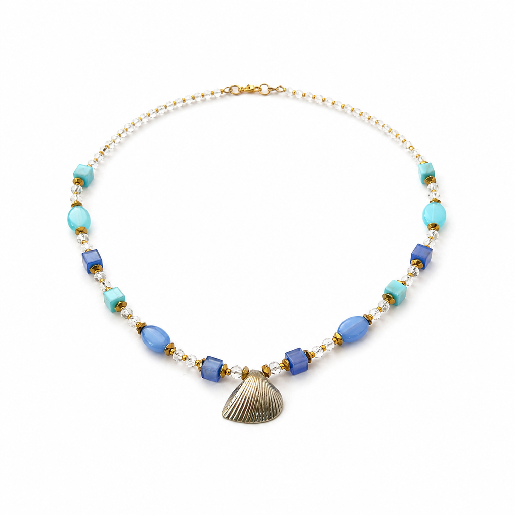 Collar de ojo de gato, cristal Victoria, hematite y dije de concha en níquel