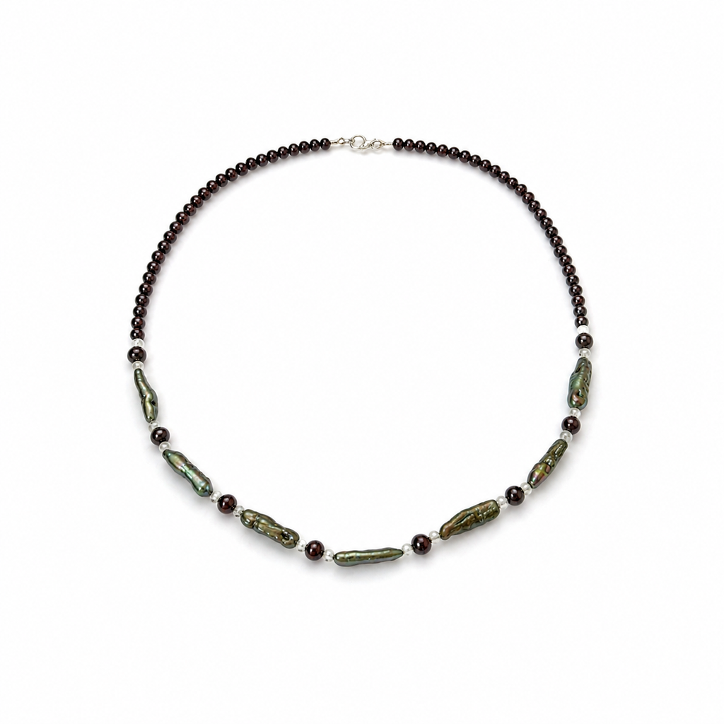 Collar de Granate, Perla Barroca y Jade Facetado