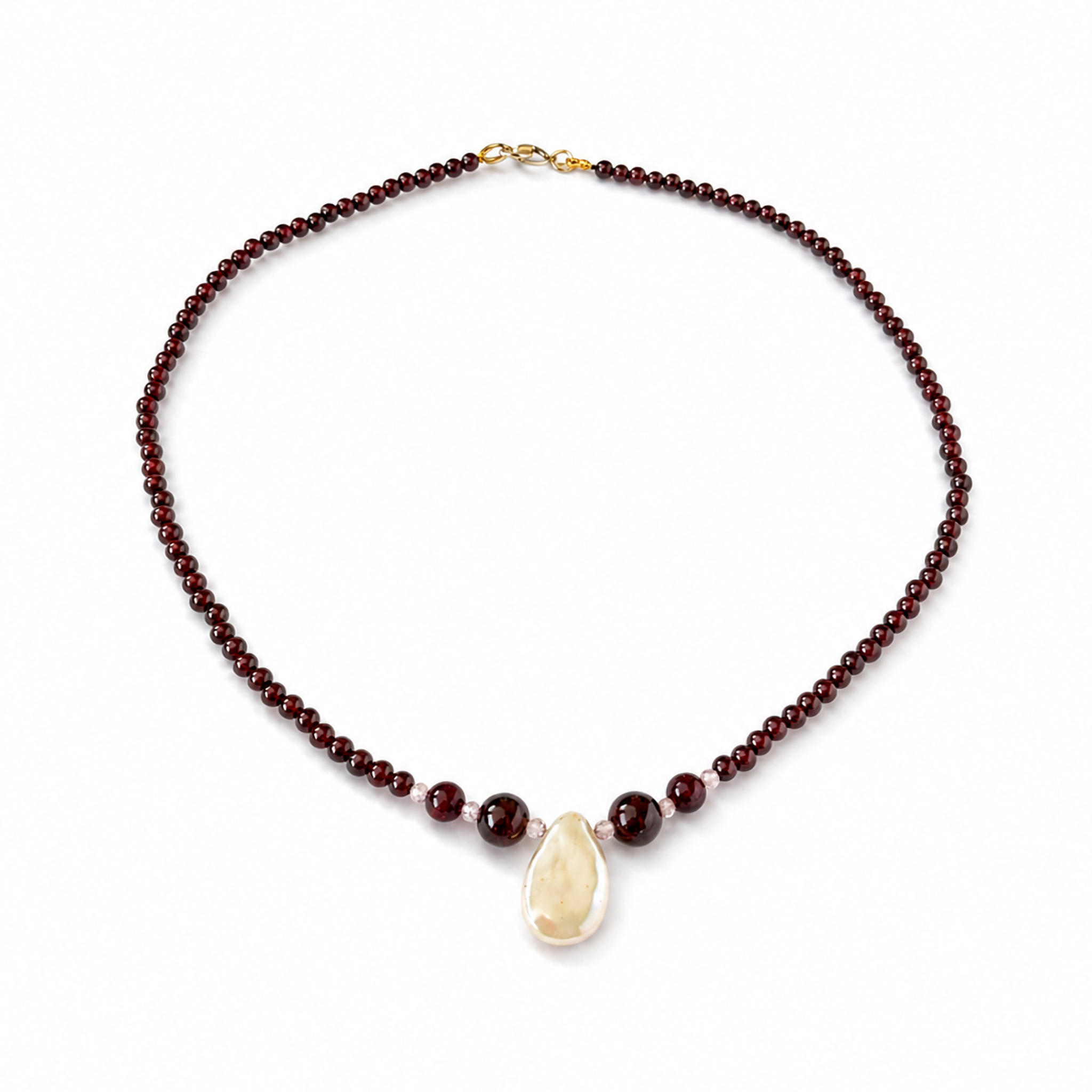Collar de granate, circonias y perla barroca