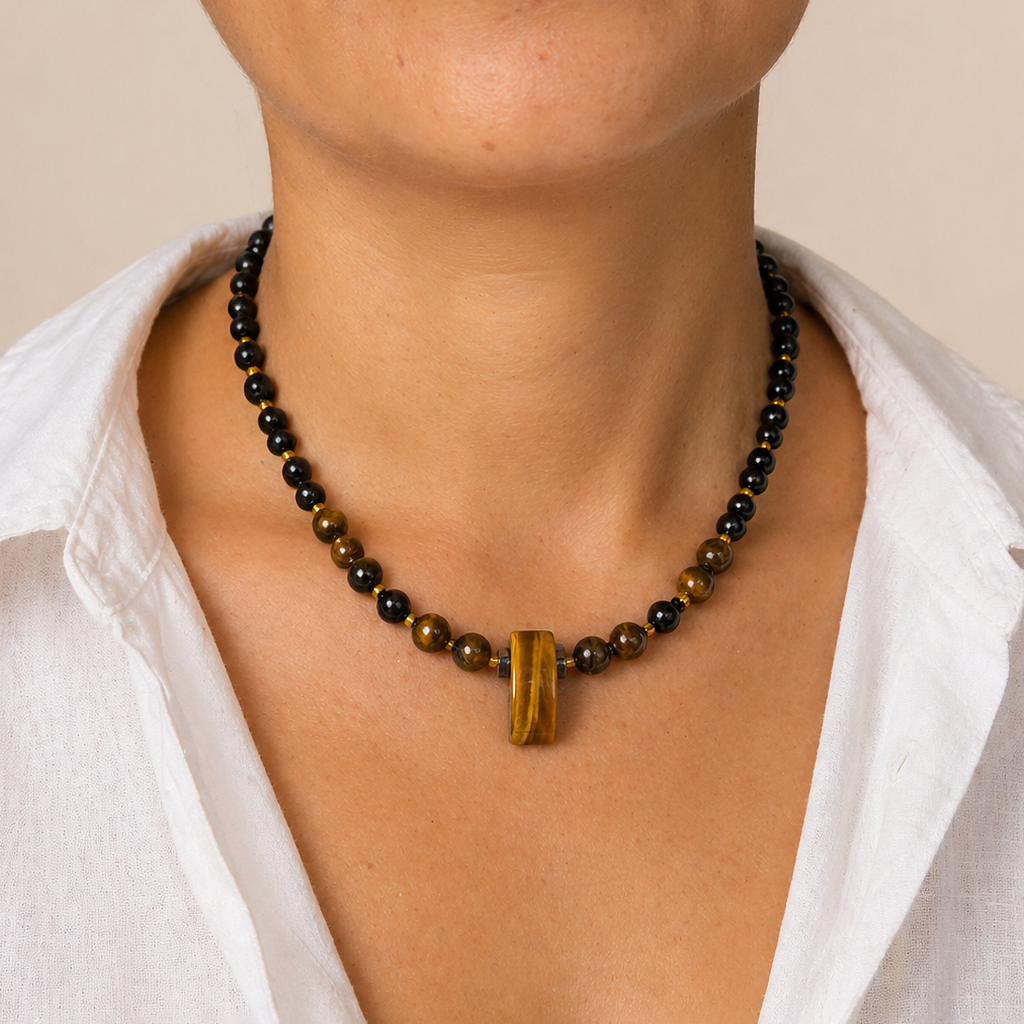 Collar de Ágata y Ojo de Tigre con detalles de Miyuki y hematite