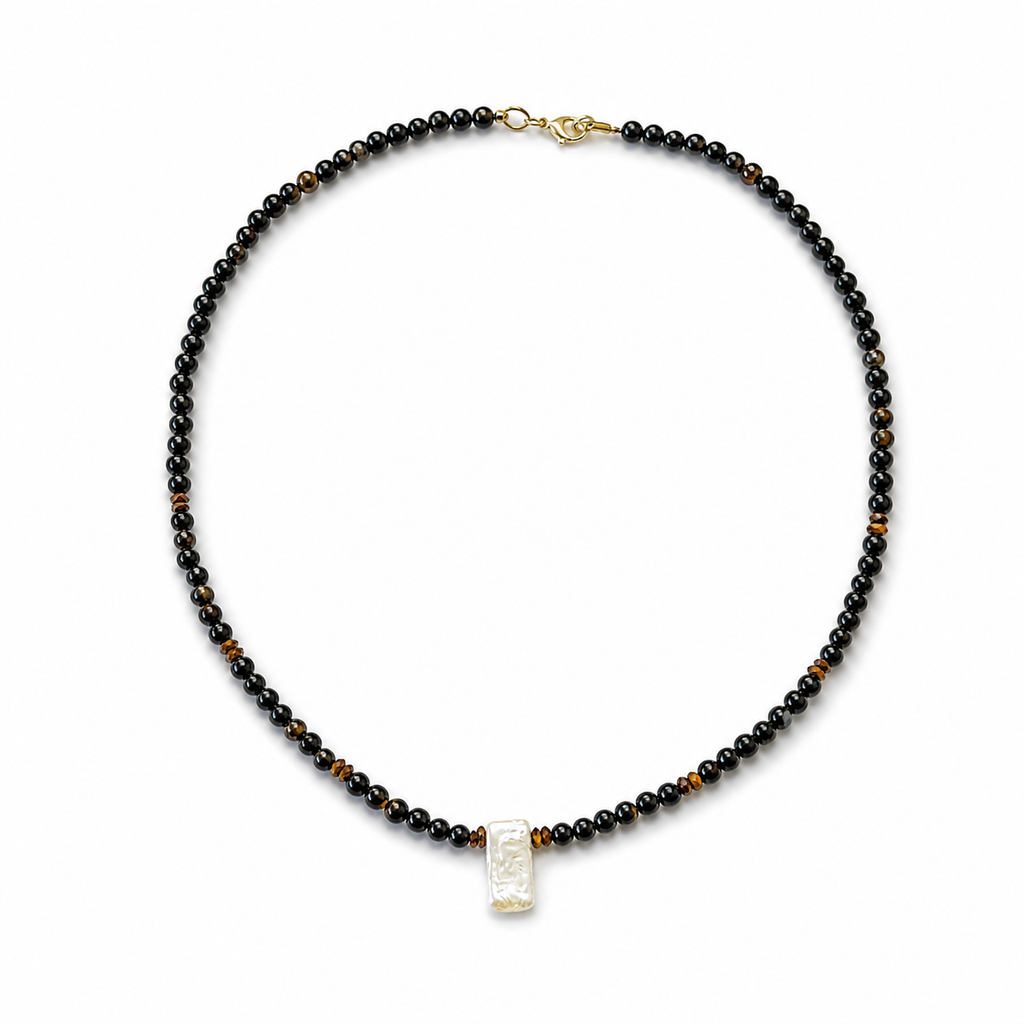 Collar de ágata, perla barroca y hematita